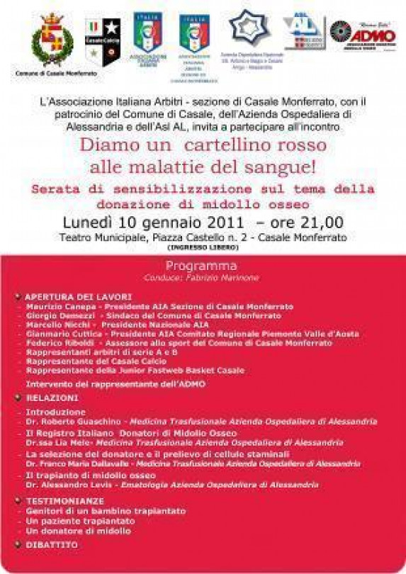 «Diamo un cartellino rosso alle malattie del sangue!». Lunedì 10 gennaio serata per la donazione di midollo osseo