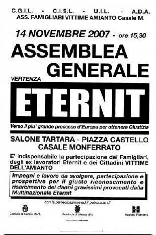 Amianto: tutti uniti contro i responsabili della strage. Assemblea a Casale il 14 novembre