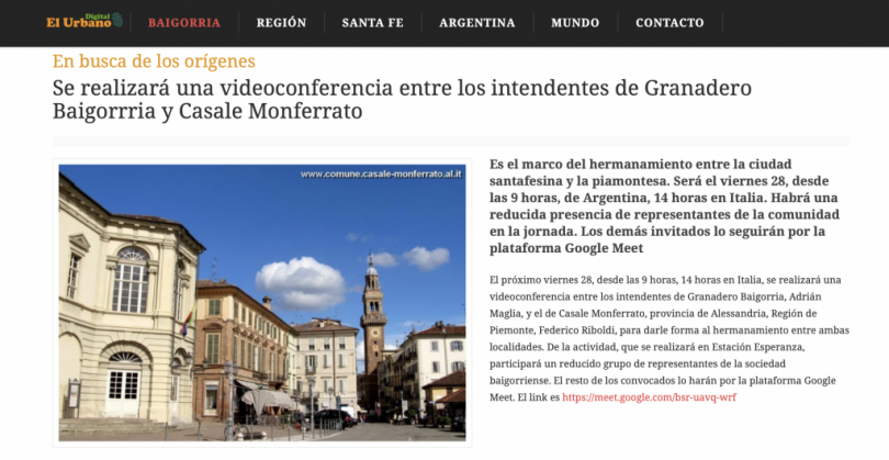 Casale Monferrato - Granadero Baigorria: venerdì in videoconferenza i due Sindaci