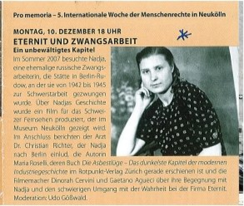 'A Berlino c'era un lager dell'Amianto'. Sconcertante tesi di uno storico tedesco, che sarà presentata lunedì al Museo Neukölln nell'incontro «Eternit e lavori forzati»